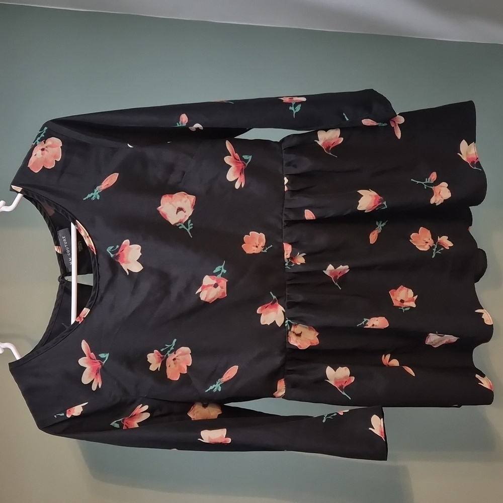 MM Couture Black Peplum Top with Floral Accents